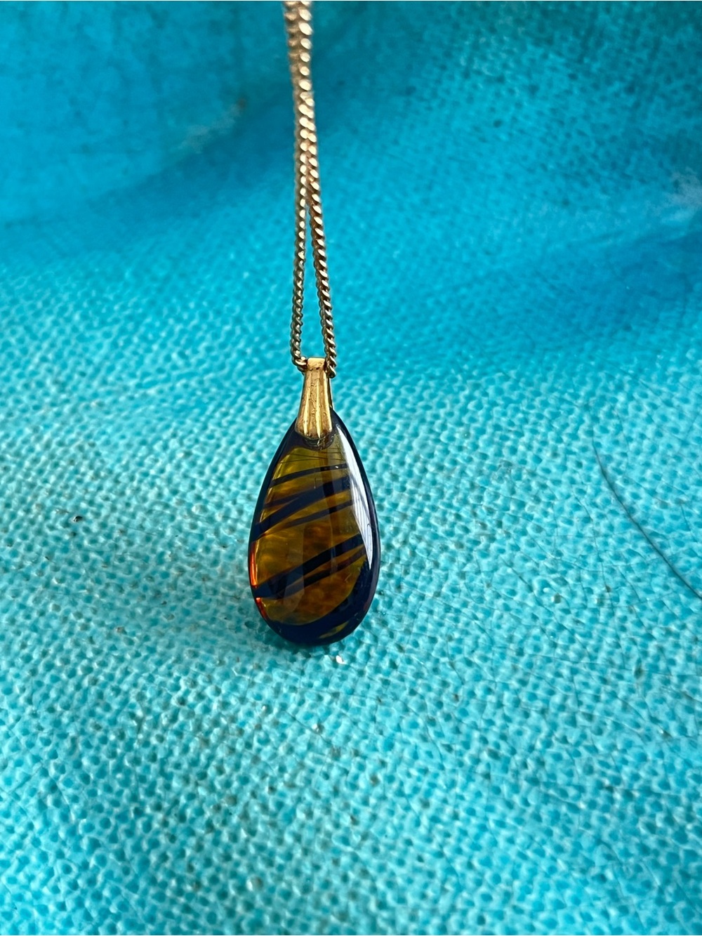 Vintage Teardrop Amber Glass Pendant Necklace - Elegant Brown & Black 18”